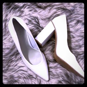 White studded block heel shoes